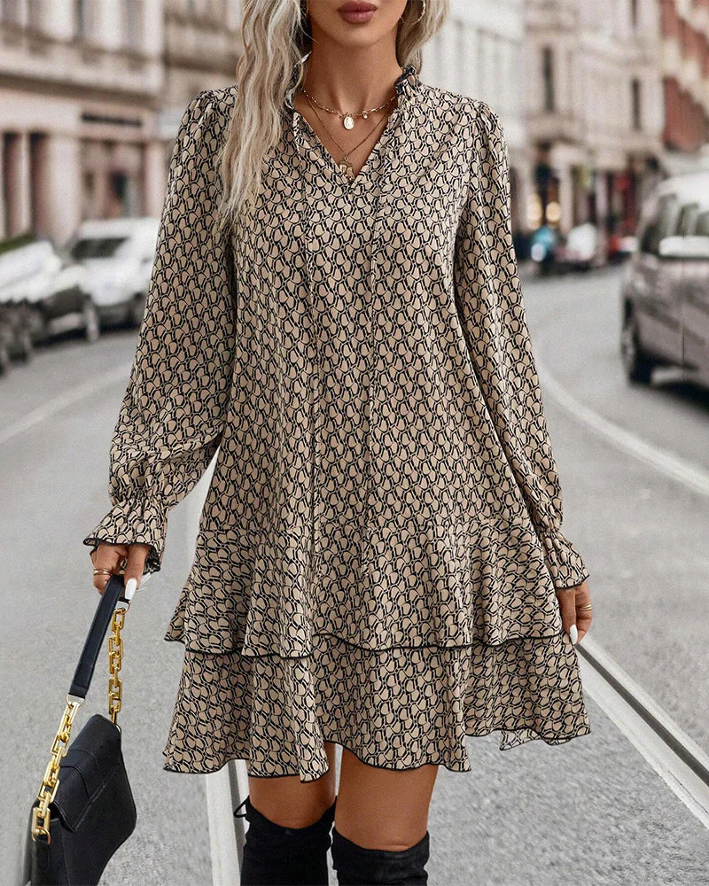 Women's A-line Dress - V-neck - Long Sleeves with Puff Shoulder - Ruffles - Detailed Pattern - Image 5