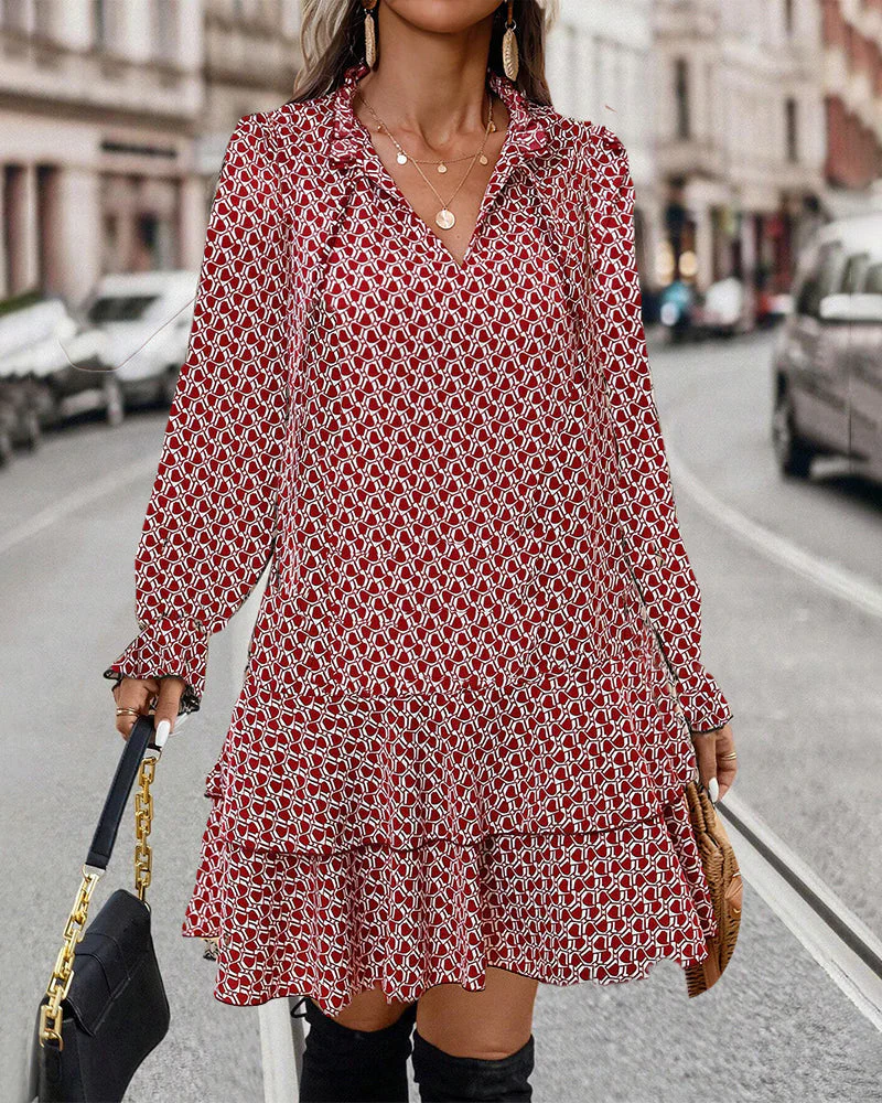 Women's A-line Dress - V-neck - Long Sleeves with Puff Shoulder - Ruffles - Detailed Pattern - Image 6