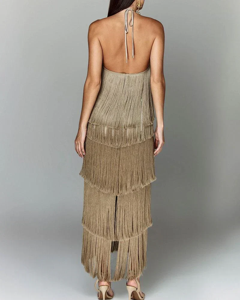 Ladies Dress - Halter Neck - Layered Fringes - Elegant Evening Look - Image 2