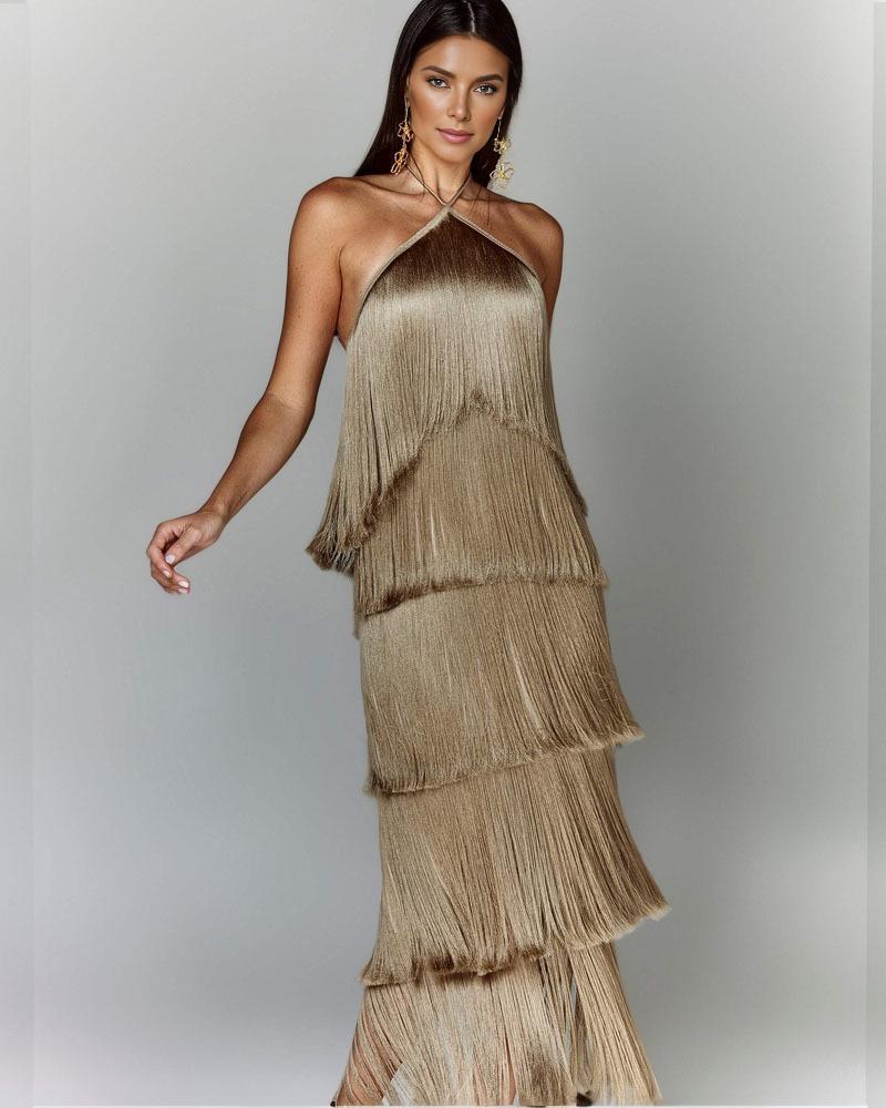 Ladies Dress - Halter Neck - Layered Fringes - Elegant Evening Look - Image 3