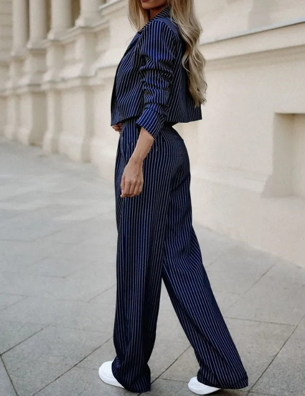 Women's Suit - Cropped Blazer with Lapels - Double Row Closure - Wide High Waist Trousers - Image 3