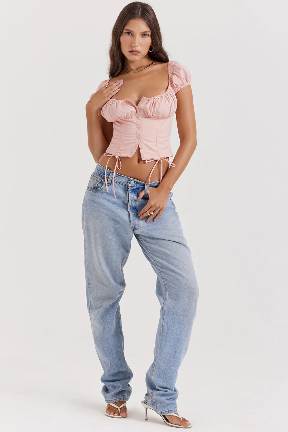 Ladies Crop Top - Corset Model - Short Puff Sleeves - Sweetheart Neckline - Drawstring Detail - Image 6