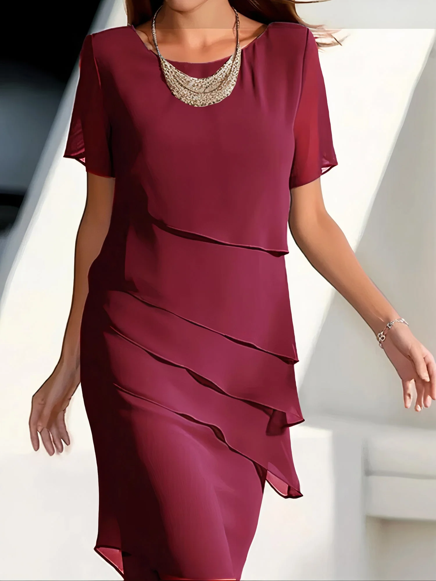 Ladies Dress - Chiffon - Layered Design - Short Sleeve - Elegant Loose Fit - Image 2