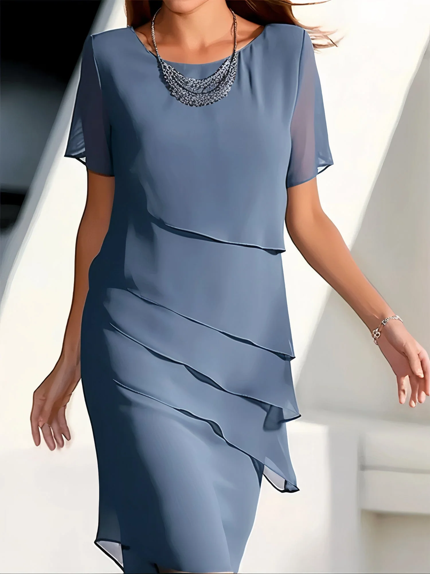 Ladies Dress - Chiffon - Layered Design - Short Sleeve - Elegant Loose Fit - Image 3