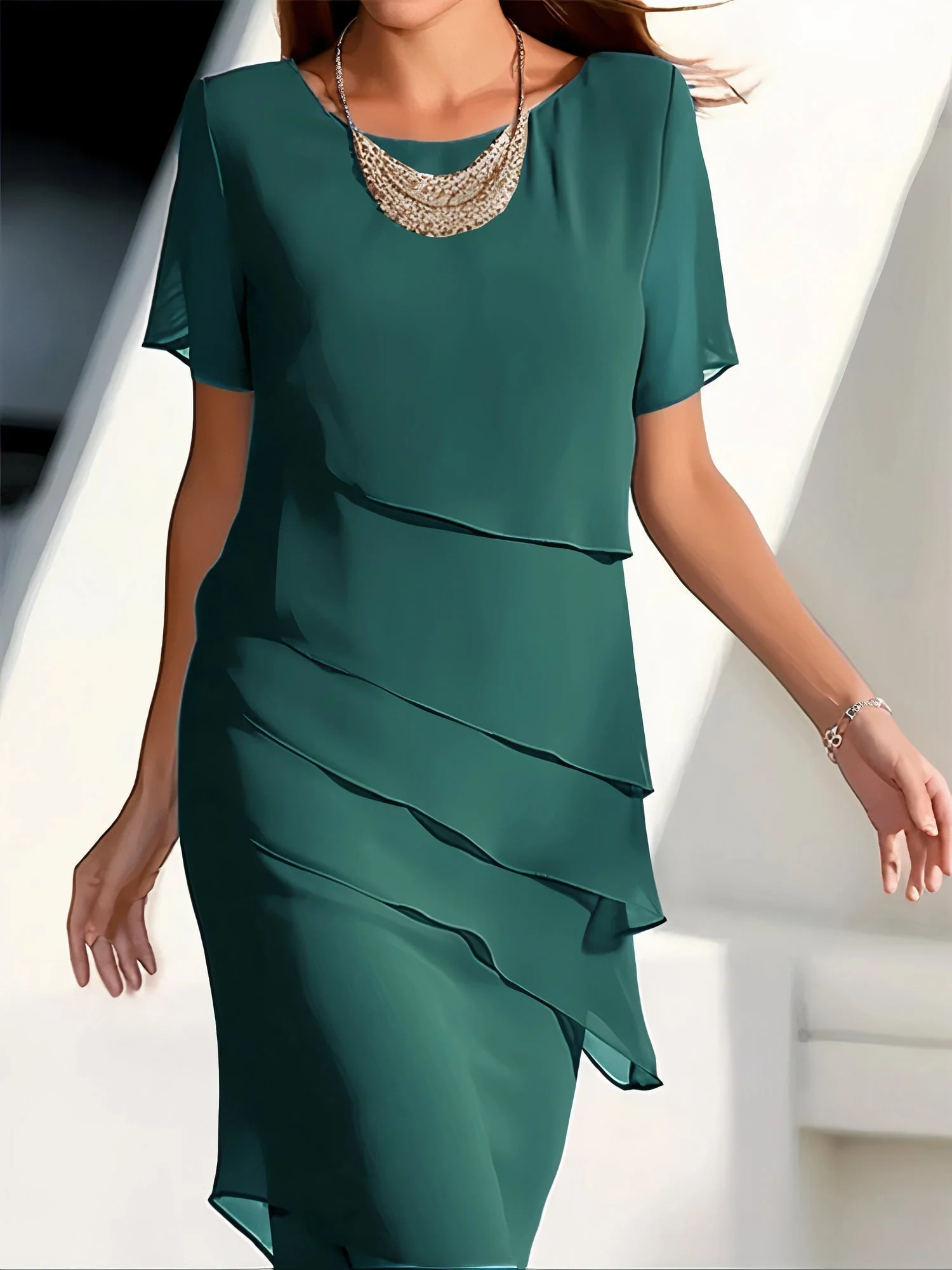 Ladies Dress - Chiffon - Layered Design - Short Sleeve - Elegant Loose Fit - Image 4
