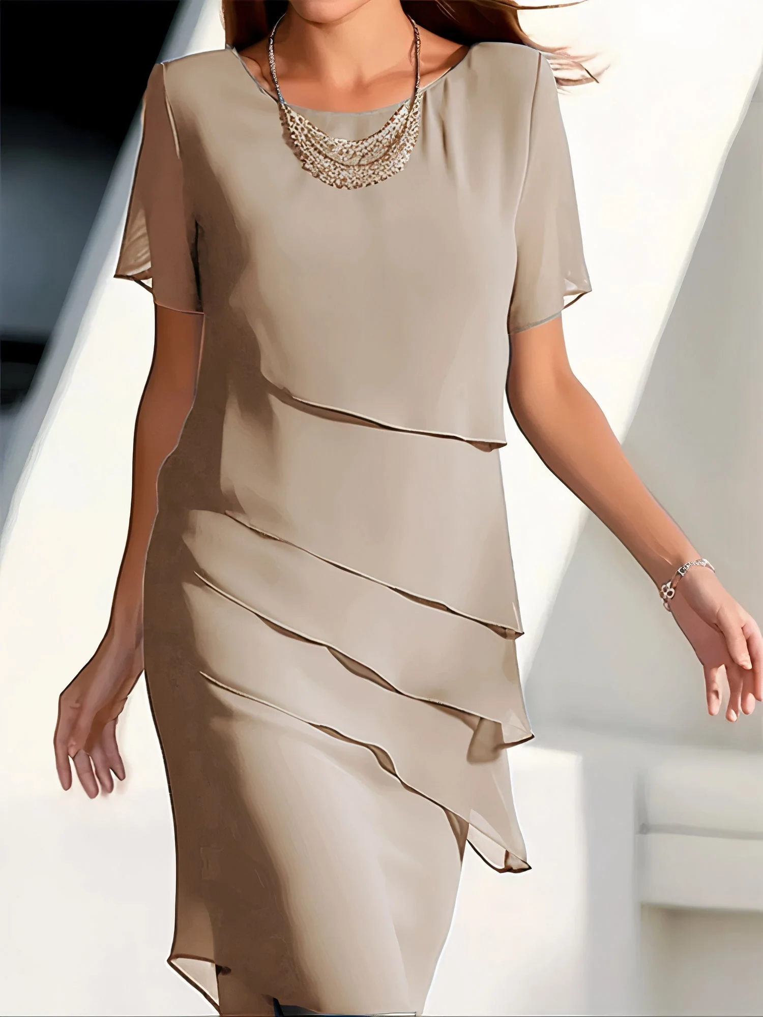 Ladies Dress - Chiffon - Layered Design - Short Sleeve - Elegant Loose Fit - Image 5