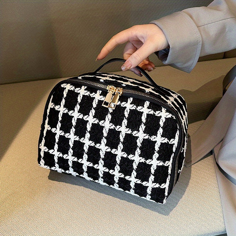 Ladies Handbag – Textured Fabric – Checked Design – Double Zipper – Handle – Elegant - Image 3