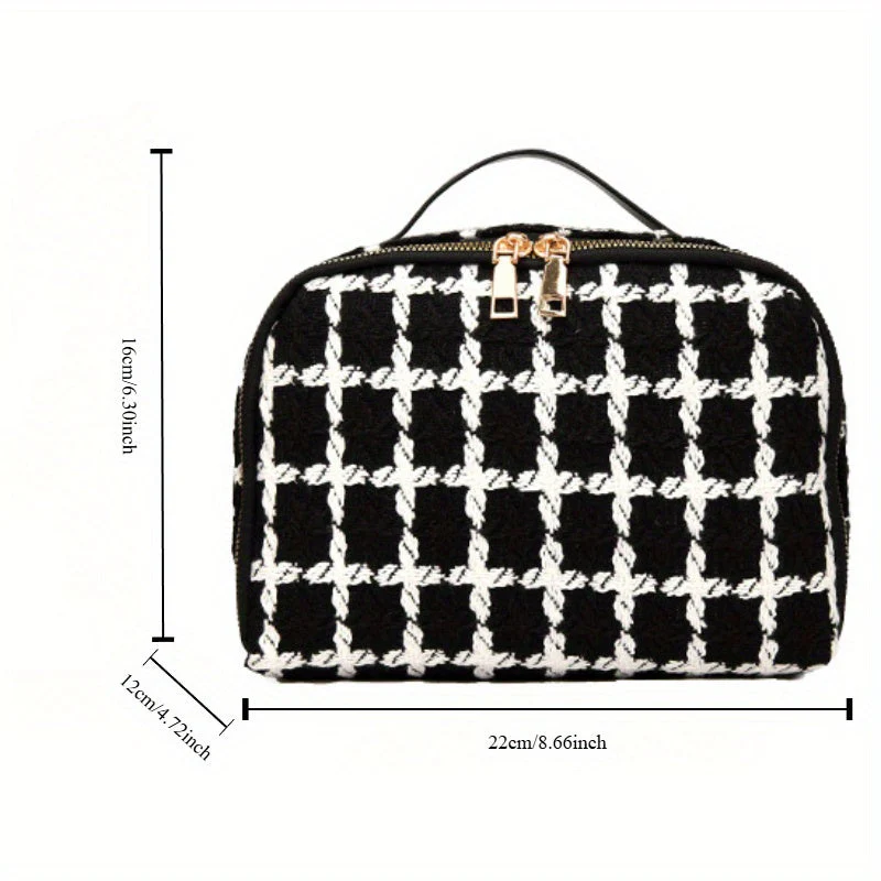 Ladies Handbag – Textured Fabric – Checked Design – Double Zipper – Handle – Elegant - Image 4