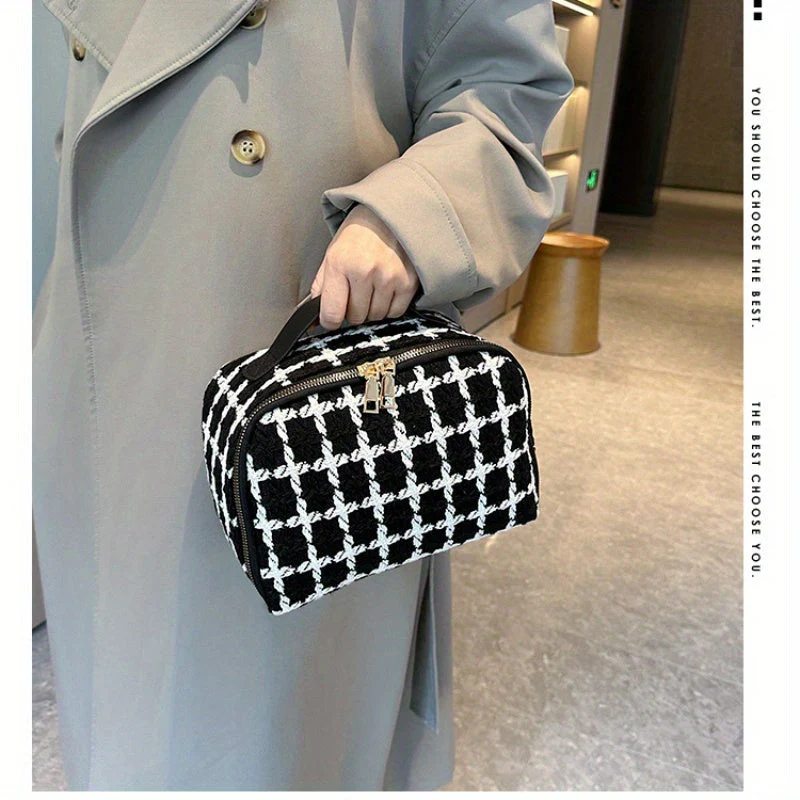 Ladies Handbag – Textured Fabric – Checked Design – Double Zipper – Handle – Elegant - Image 7