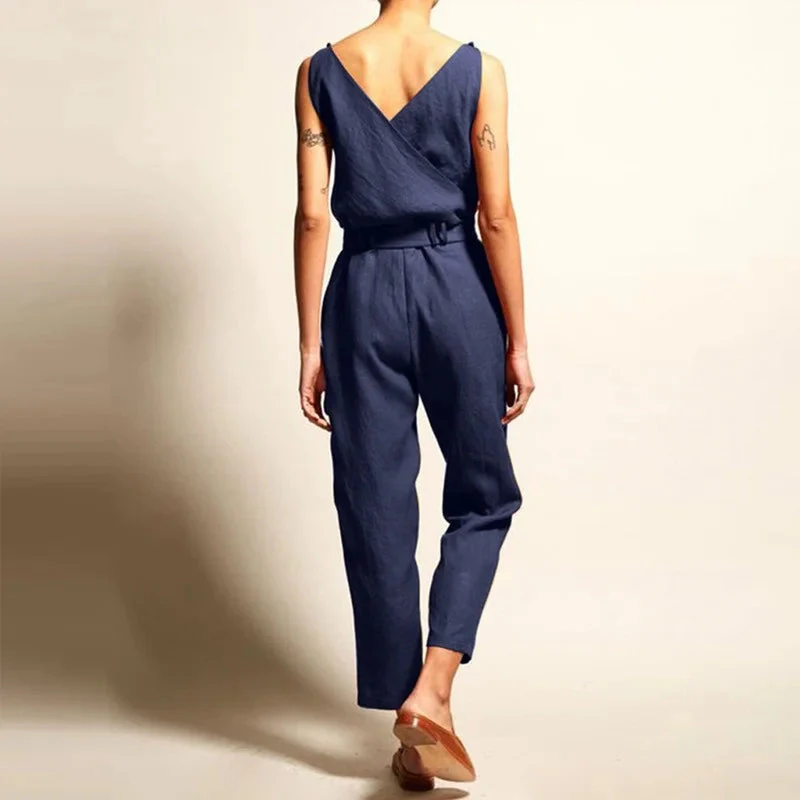 Women's Jumpsuit - Linen Cotton - Tailored Fit - Sleeveless with Wrap V-Neck - Image 2