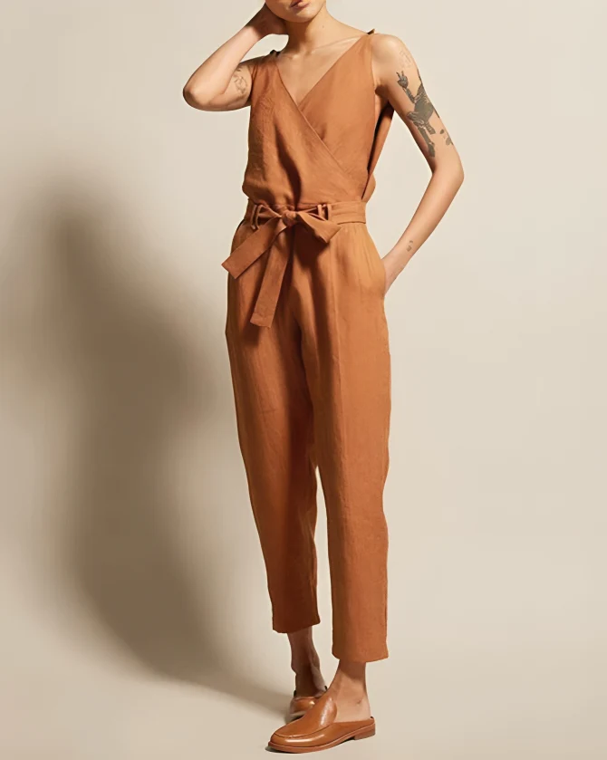 Women's Jumpsuit - Linen Cotton - Tailored Fit - Sleeveless with Wrap V-Neck - Image 3