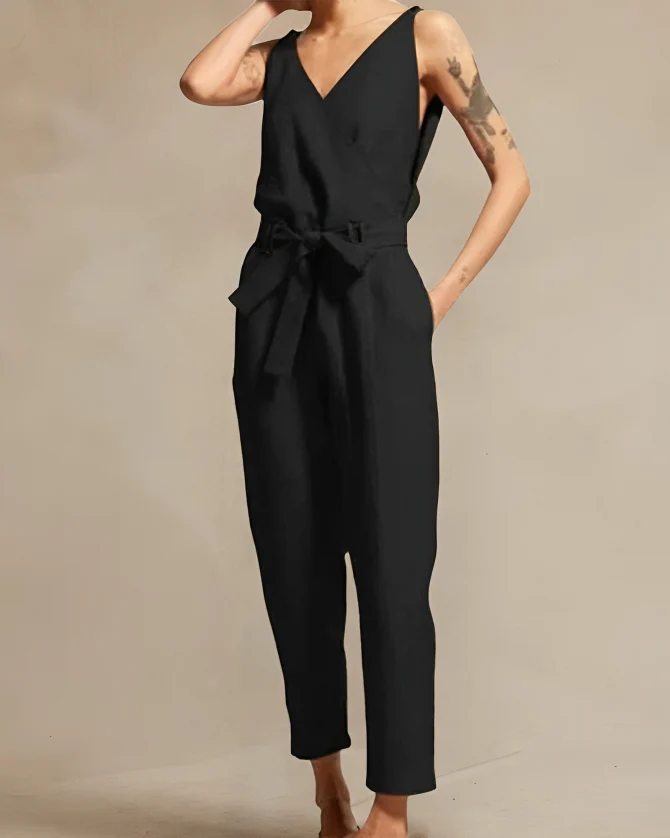 Women's Jumpsuit - Linen Cotton - Tailored Fit - Sleeveless with Wrap V-Neck - Image 4