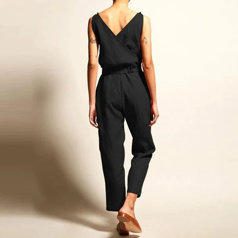 Women's Jumpsuit - Linen Cotton - Tailored Fit - Sleeveless with Wrap V-Neck - Image 5