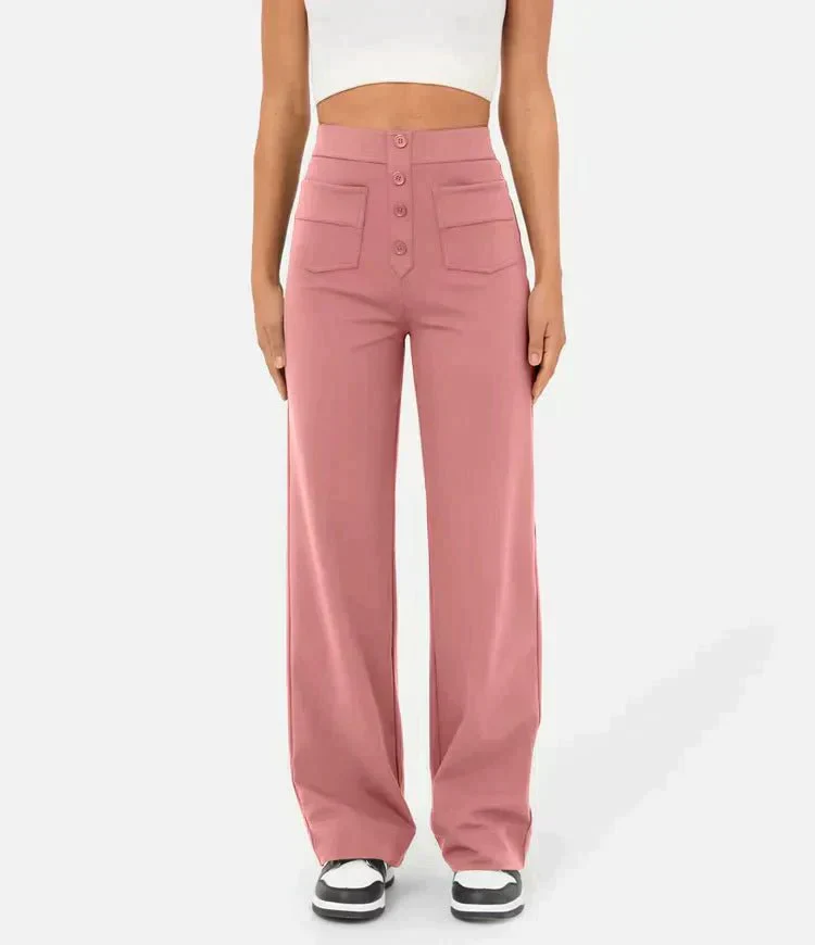 Women's Trousers - High Waist - Wide Leg - Button Closure - Front Pockets - Image 11