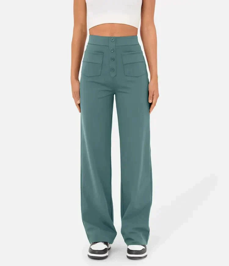 Women's Trousers - High Waist - Wide Leg - Button Closure - Front Pockets - Image 12