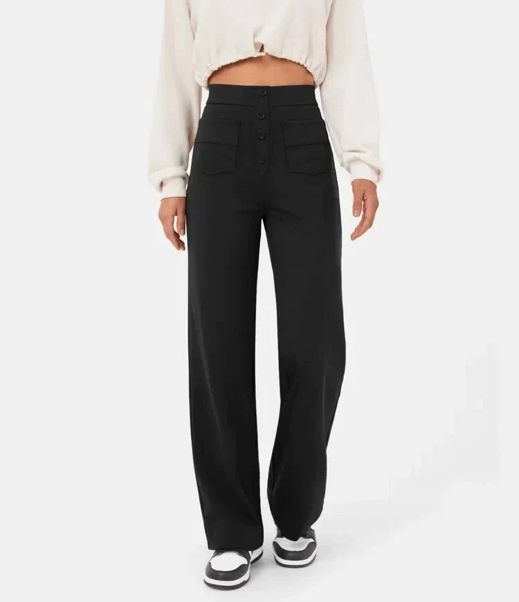 Women's Trousers - High Waist - Wide Leg - Button Closure - Front Pockets - Image 13