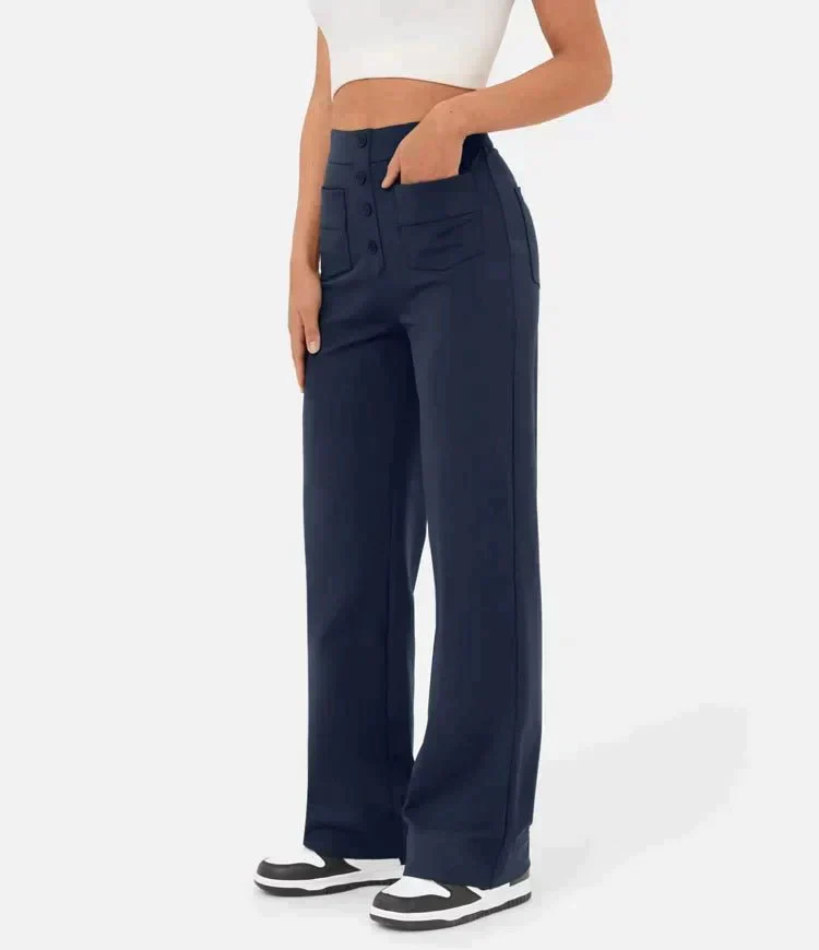 Women's Trousers - High Waist - Wide Leg - Button Closure - Front Pockets - Image 14