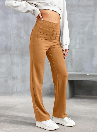 Women's Trousers - High Waist - Wide Leg - Button Closure - Front Pockets - Image 15