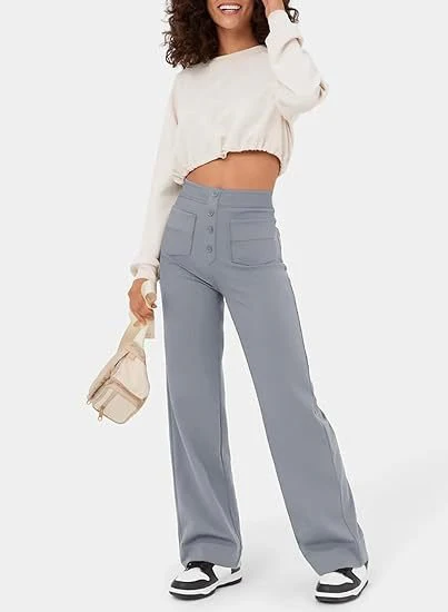 Women's Trousers - High Waist - Wide Leg - Button Closure - Front Pockets - Image 16