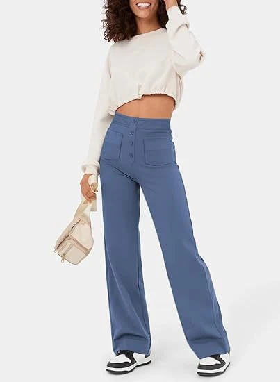 Women's Trousers - High Waist - Wide Leg - Button Closure - Front Pockets - Image 17