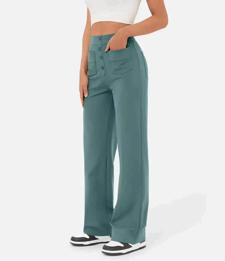 Women's Trousers - High Waist - Wide Leg - Button Closure - Front Pockets - Image 3