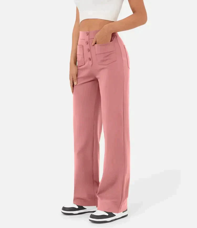 Women's Trousers - High Waist - Wide Leg - Button Closure - Front Pockets - Image 4