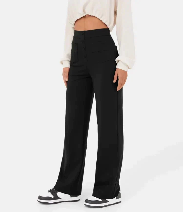 Women's Trousers - High Waist - Wide Leg - Button Closure - Front Pockets - Image 6