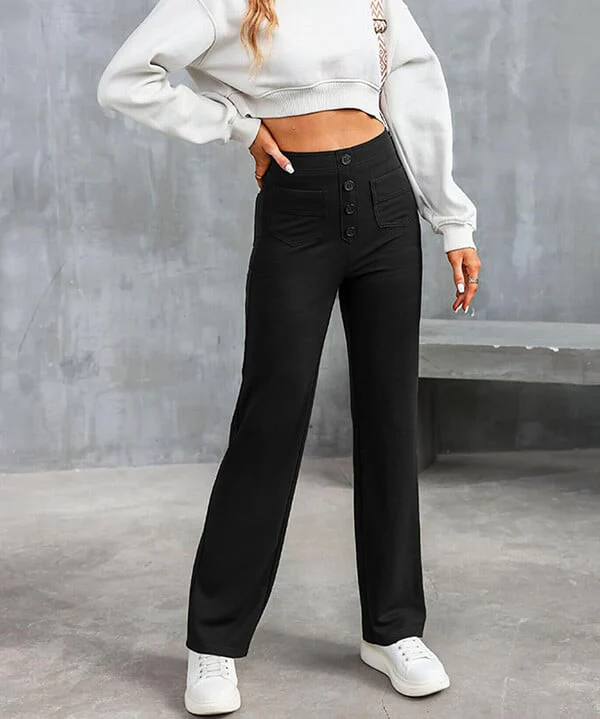 Women's Trousers - High Waist - Wide Leg - Button Closure - Front Pockets - Image 7