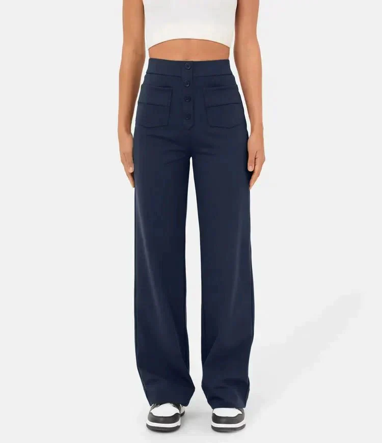 Women's Trousers - High Waist - Wide Leg - Button Closure - Front Pockets - Image 9