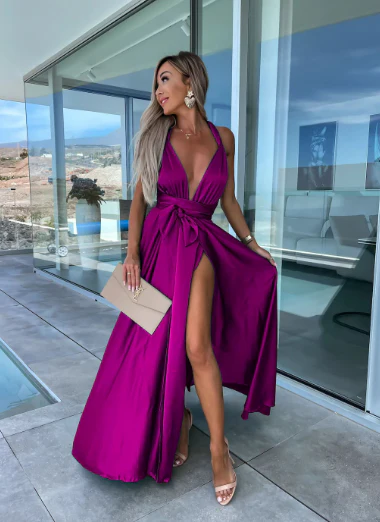 Ladies Evening Dress - Halter Neck - A-line - High Slit - Elegant Satin Look - Image 6