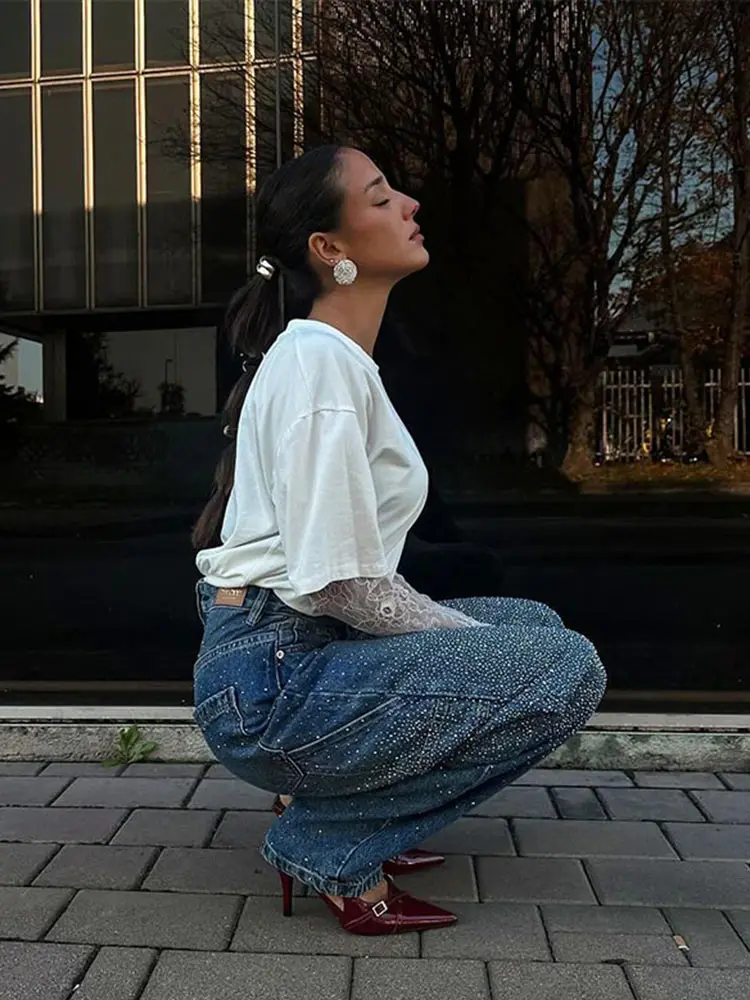 Women's Jeans – High Waist – Wide Legs – Embellished with Rhinestones – Casual Glamorous Look - Image 3