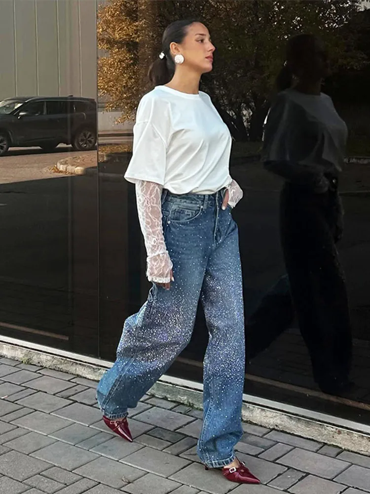 Women's Jeans – High Waist – Wide Legs – Embellished with Rhinestones – Casual Glamorous Look - Image 4