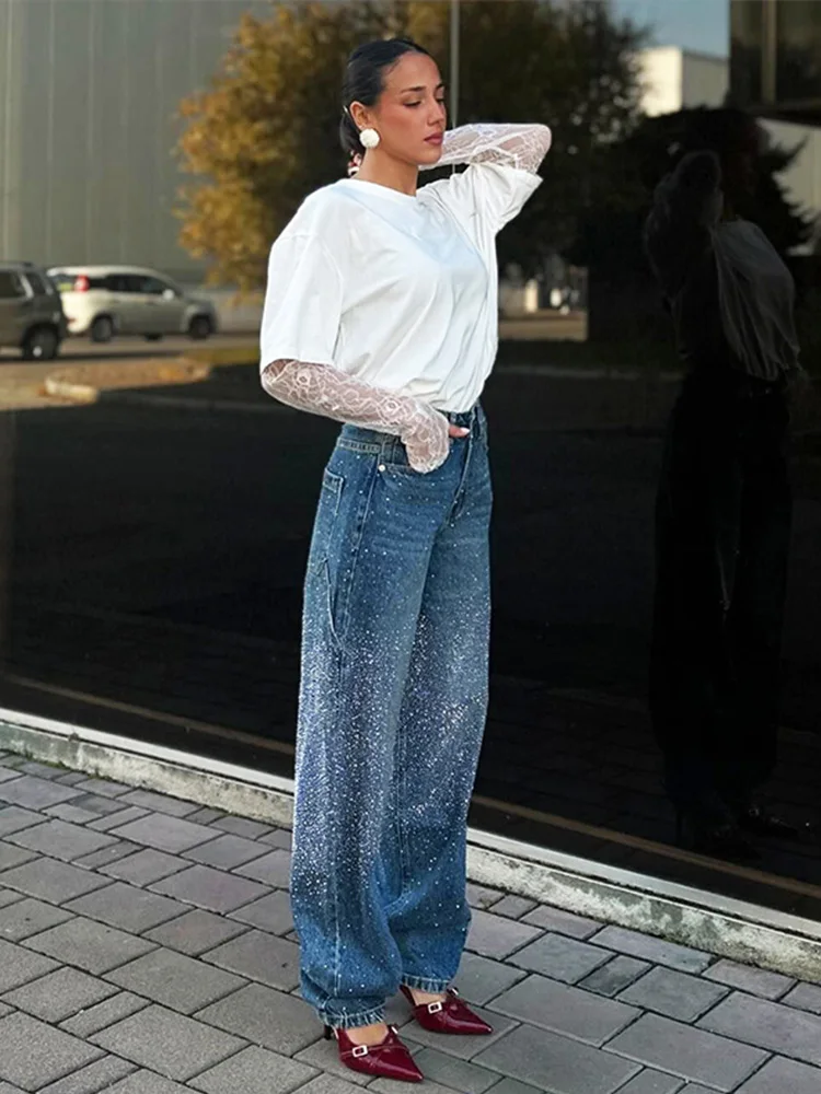 Women's Jeans – High Waist – Wide Legs – Embellished with Rhinestones – Casual Glamorous Look - Image 5