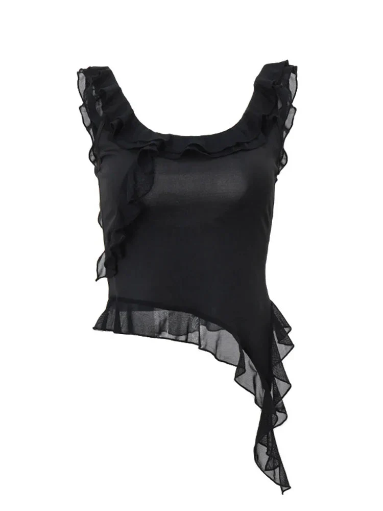 Ladies Top – Sleeveless – Ruffles – Asymmetrical Hem – Tailored Fit – U-neck - Image 3