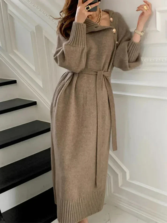 Women's Maxi Dress - Asymmetrical Off-Shoulder - Fitted - Puff Sleeves - Elegant Look - Image 2