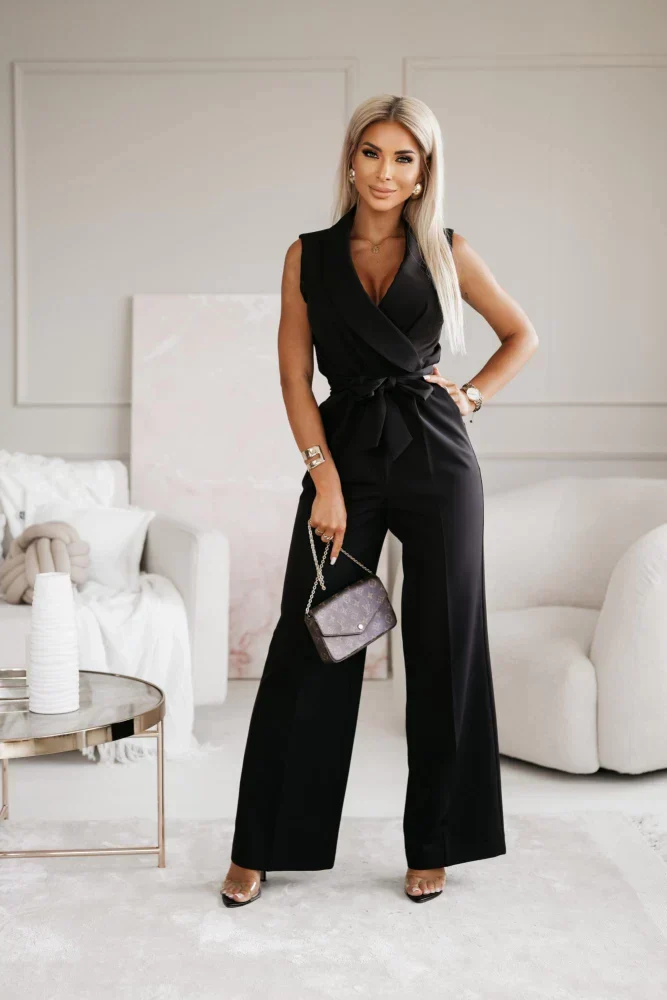 Women's Jumpsuit - Sleeveless - V-Neck Wrap - Belt at Waist - Wide Legs - Image 4