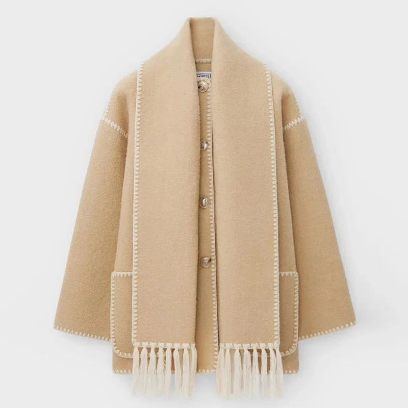 Women's Coat Poncho-Style - Oversized Fit - Wool Mix - High Collar - 3/4 Sleeve - Image 12