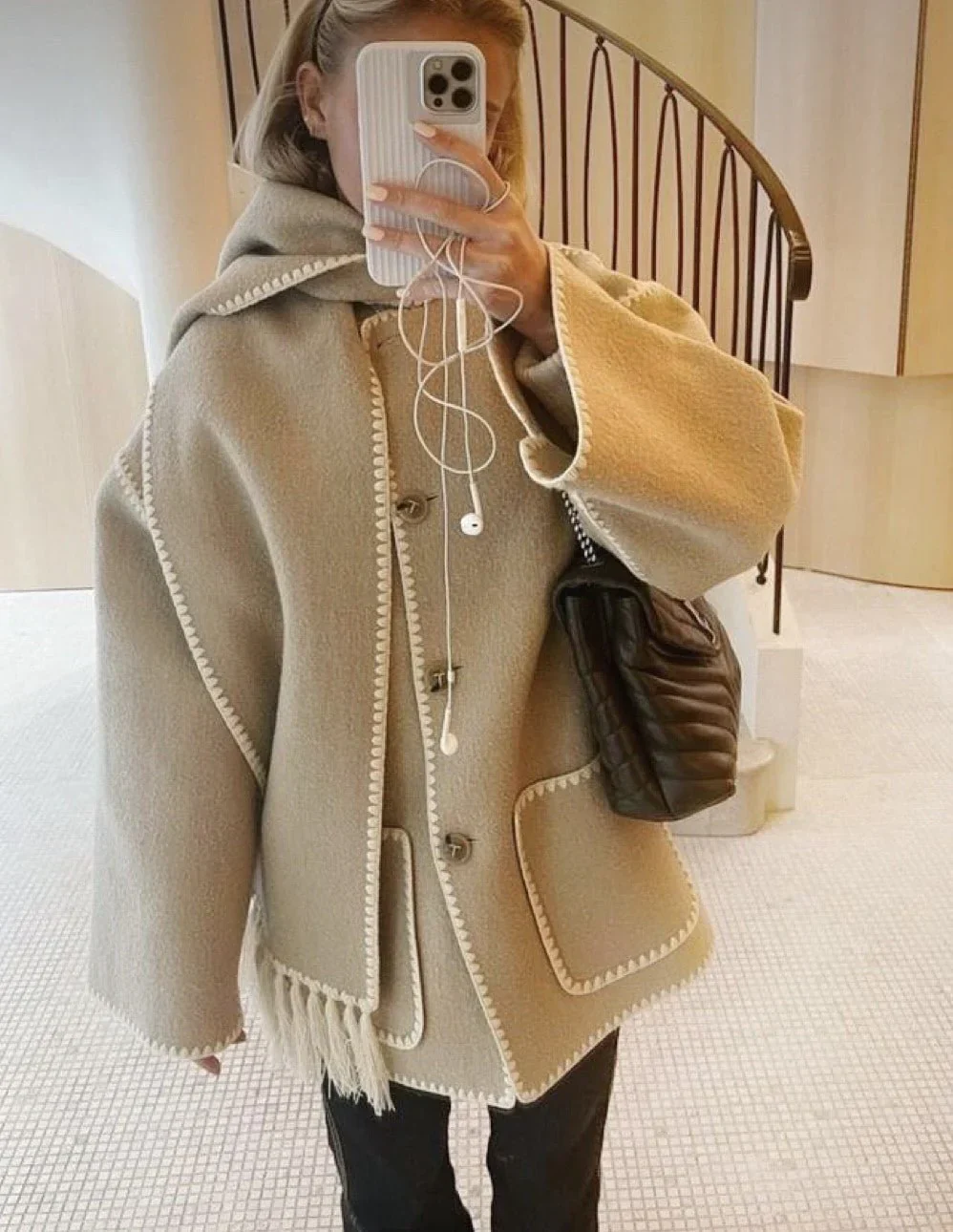 Women's Coat Poncho-Style - Oversized Fit - Wool Mix - High Collar - 3/4 Sleeve - Image 14