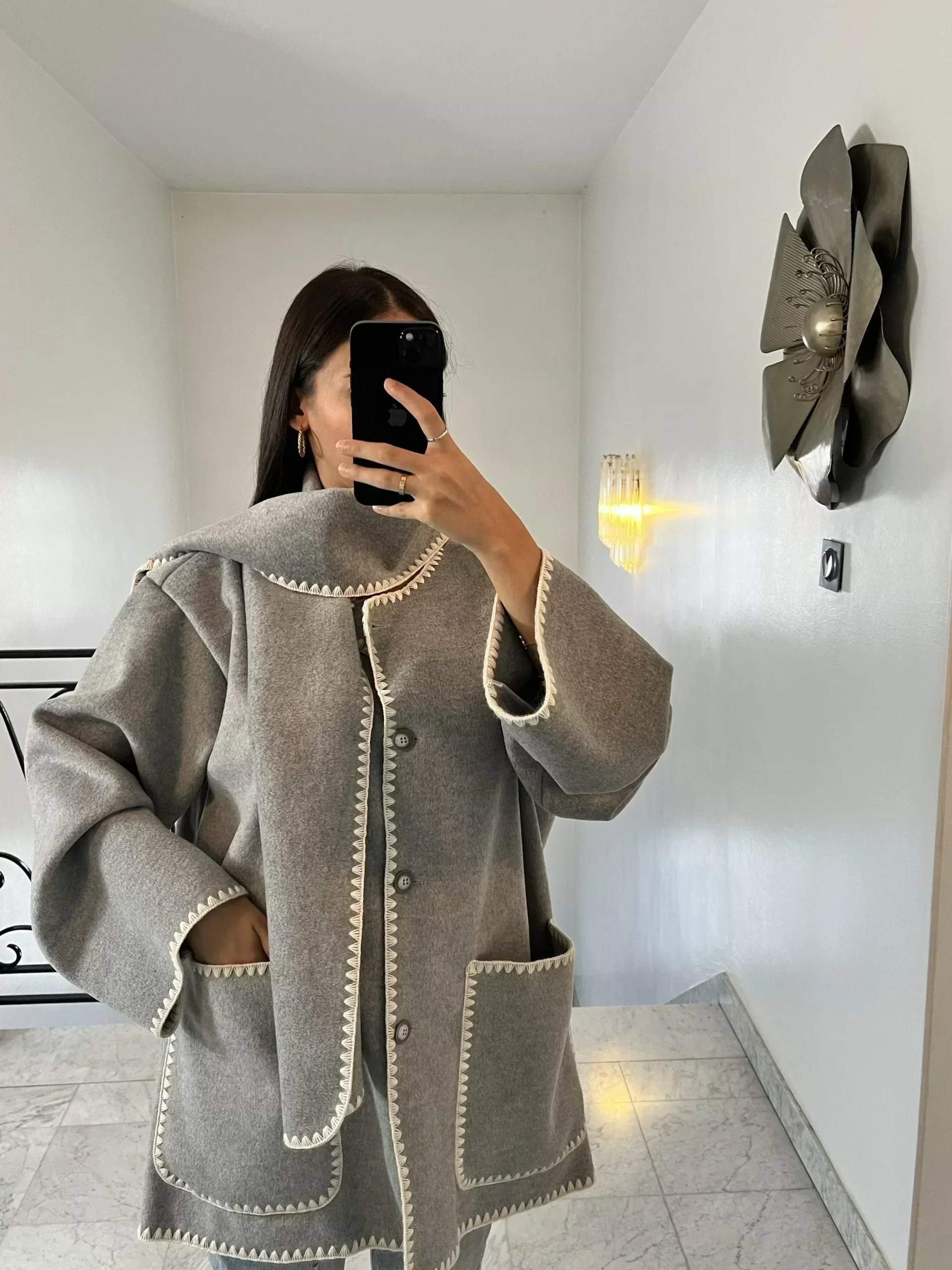 Women's Coat Poncho-Style - Oversized Fit - Wool Mix - High Collar - 3/4 Sleeve - Image 3