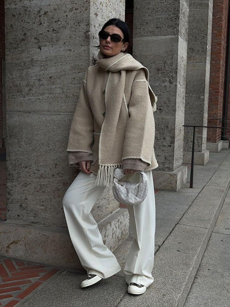 Women's Coat Poncho-Style - Oversized Fit - Wool Mix - High Collar - 3/4 Sleeve - Image 4