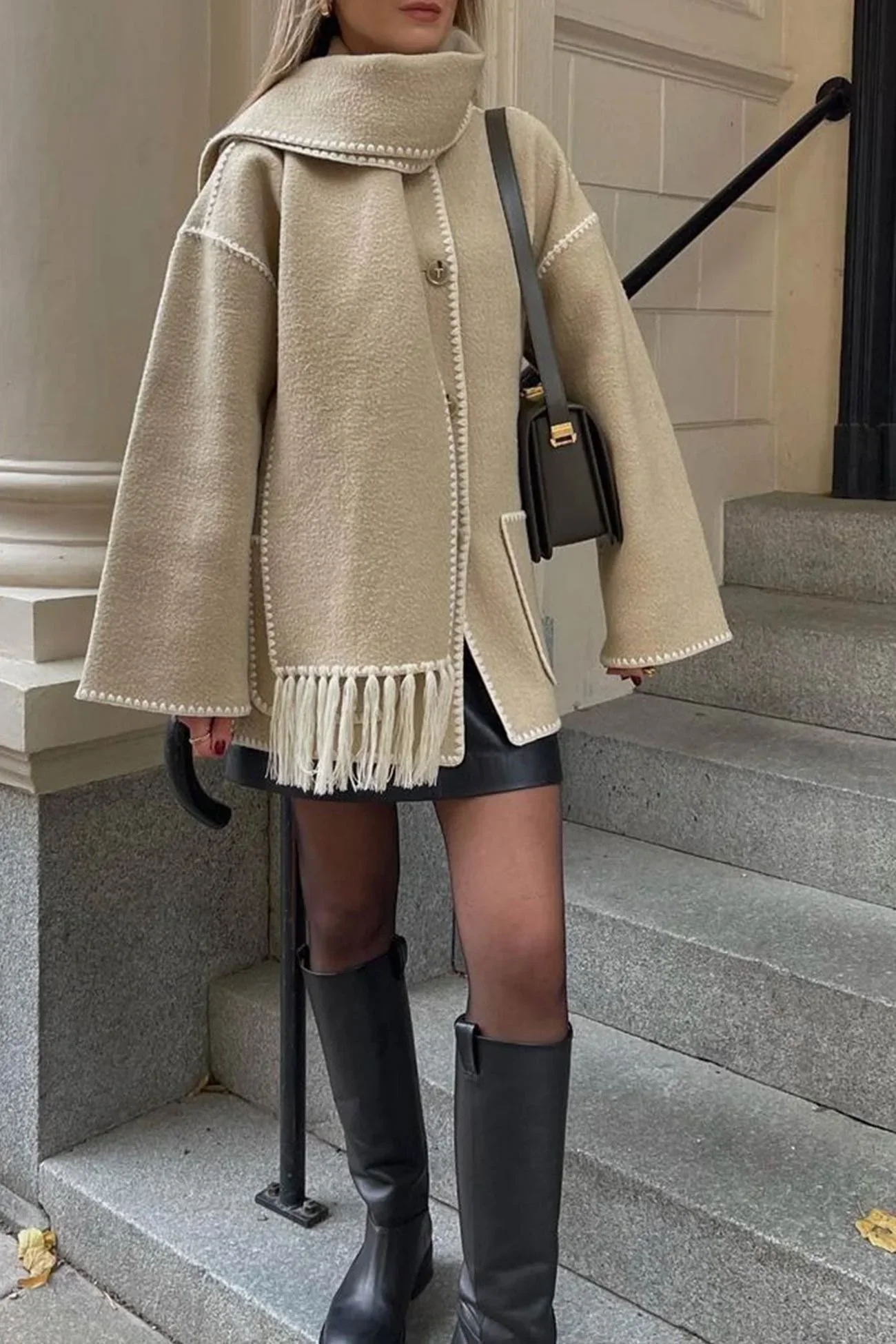 Women's Coat Poncho-Style - Oversized Fit - Wool Mix - High Collar - 3/4 Sleeve - Image 5