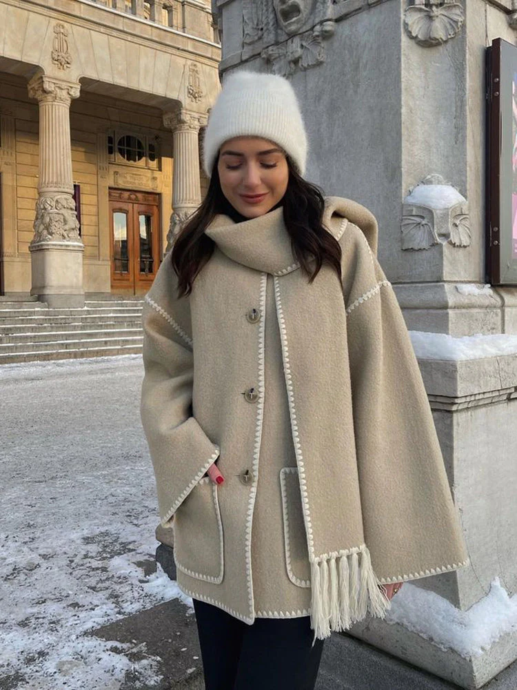 Women's Coat Poncho-Style - Oversized Fit - Wool Mix - High Collar - 3/4 Sleeve - Image 7