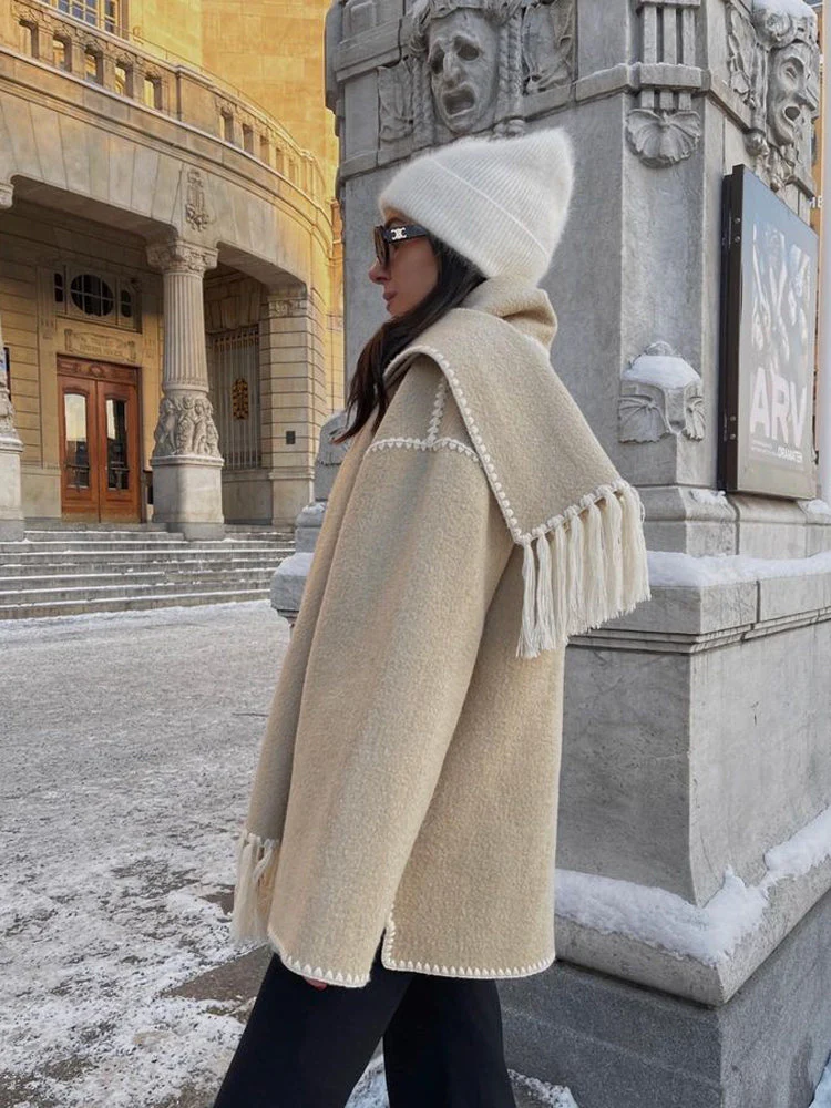Women's Coat Poncho-Style - Oversized Fit - Wool Mix - High Collar - 3/4 Sleeve - Image 8
