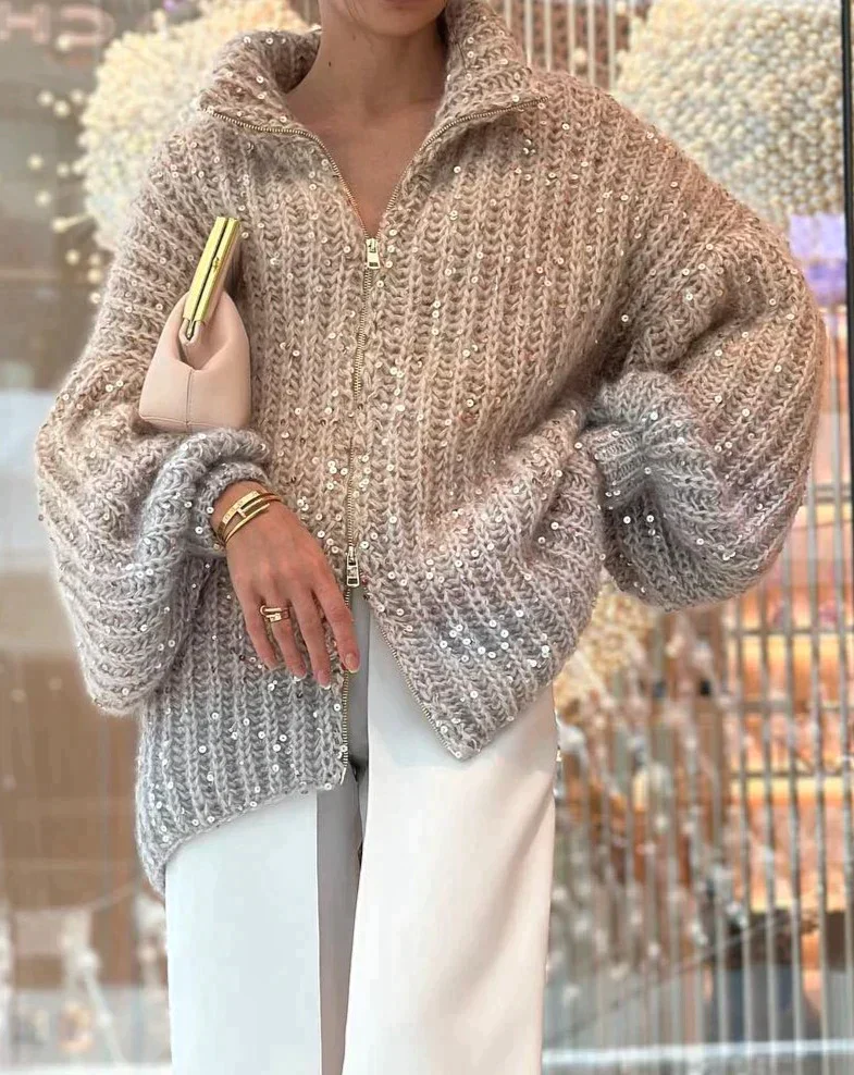 Women's Knitted Cardigan – Oversized Fit – Soft Texture – Sequins – Zipper Closure - Image 10