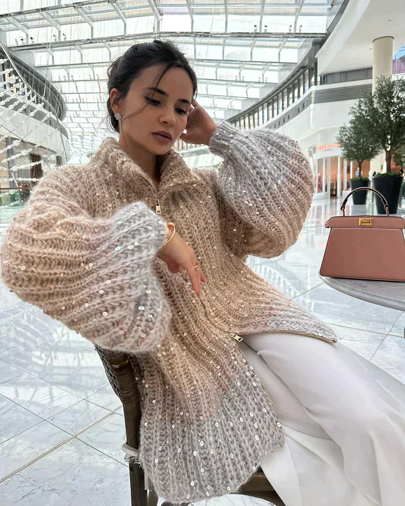 Women's Knitted Cardigan – Oversized Fit – Soft Texture – Sequins – Zipper Closure - Image 4