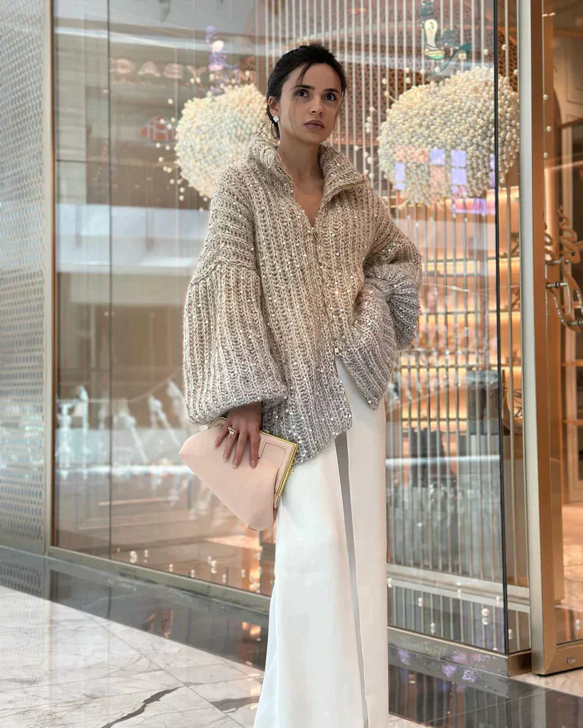 Women's Knitted Cardigan – Oversized Fit – Soft Texture – Sequins – Zipper Closure - Image 5