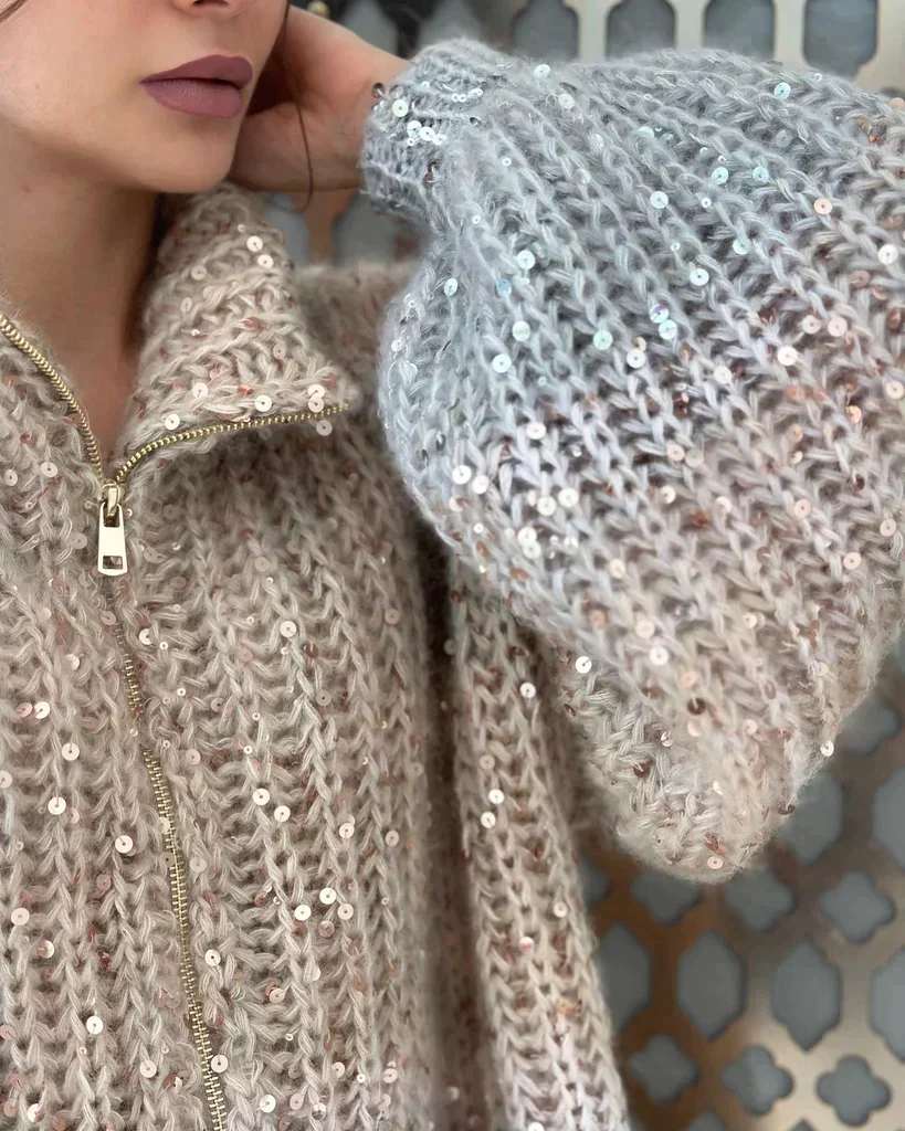 Women's Knitted Cardigan – Oversized Fit – Soft Texture – Sequins – Zipper Closure - Image 7