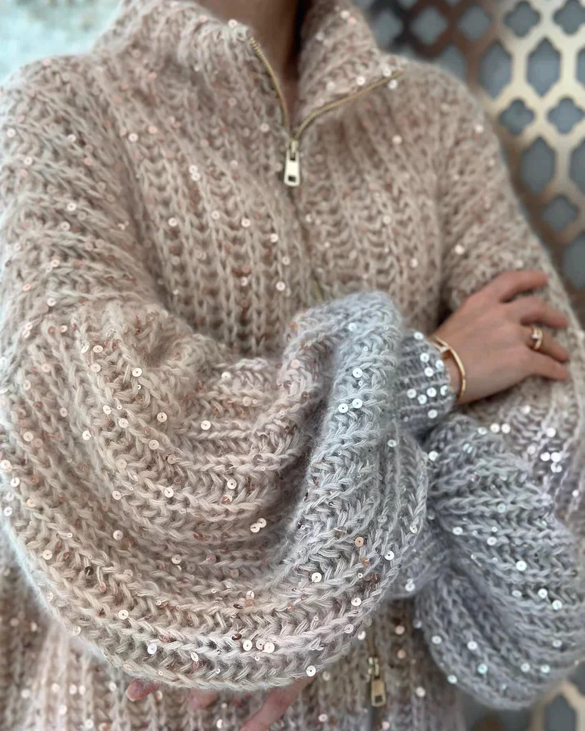 Women's Knitted Cardigan – Oversized Fit – Soft Texture – Sequins – Zipper Closure - Image 8