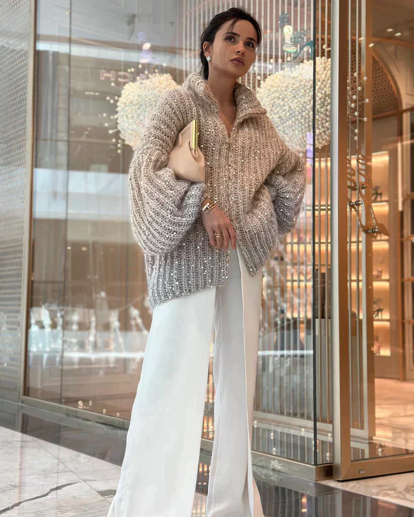 Women's Knitted Cardigan – Oversized Fit – Soft Texture – Sequins – Zipper Closure - Image 9