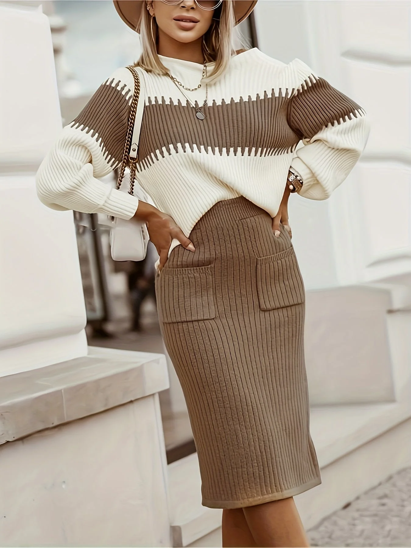 Ladies Twinset – Knitted Sweater and Pencil Skirt – Ribbed Texture – Comfort Fit – Long Sleeve - Image 6